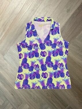 TZU TZU Pineapple Sleeveless Tennis Golf Tank Top Womens Medium Yellow Purple